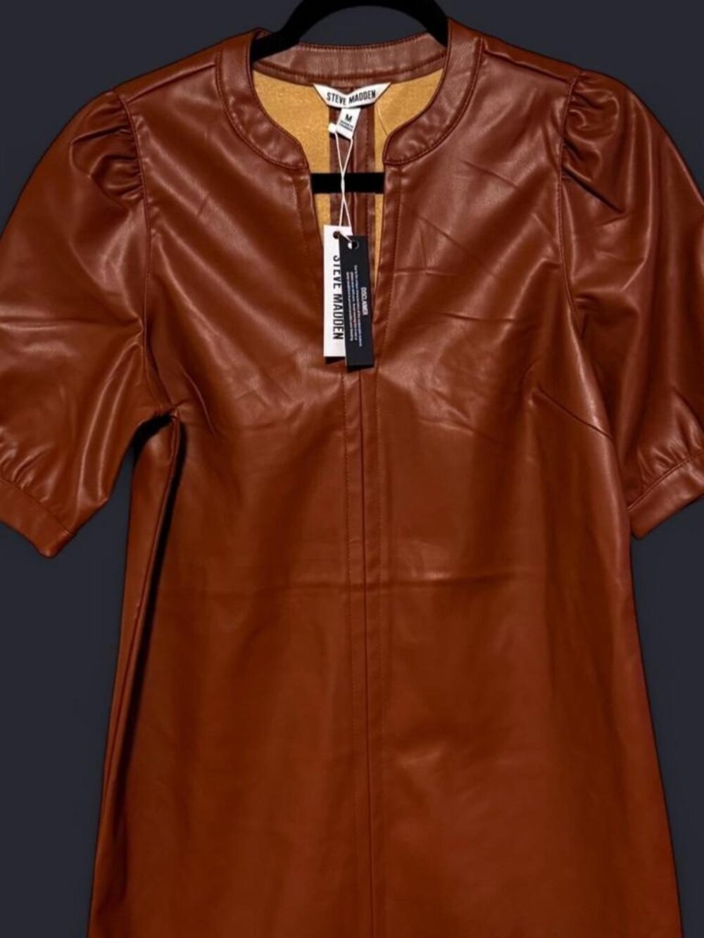 Steve Madden Cognac Faux Leather Puff Sleeve Shift Dress S NWT